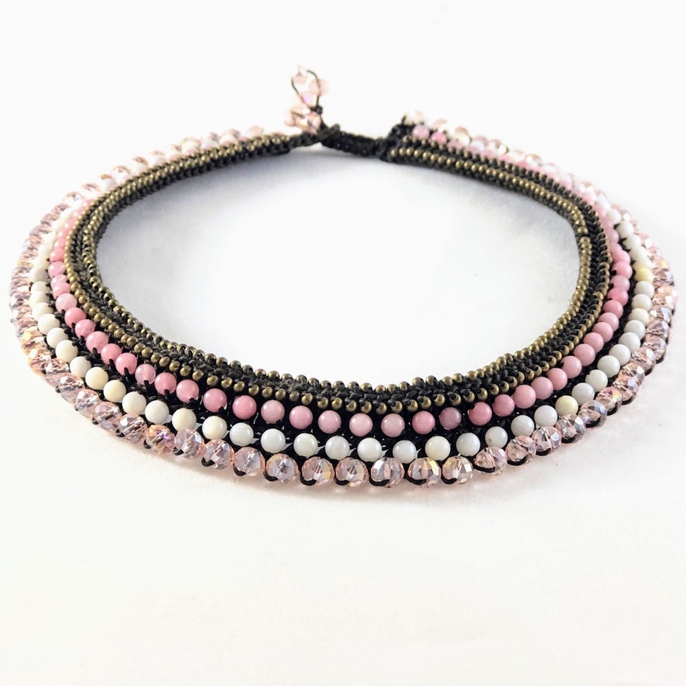 Semi precious stone and brass bead woven necklace